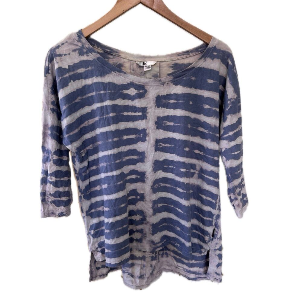 Volcom 100% Cotton Blue Tie Dye Round Neck Back Pleated Slit High-Low Shirt XS